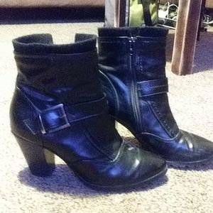 Black leather low mid calf boots